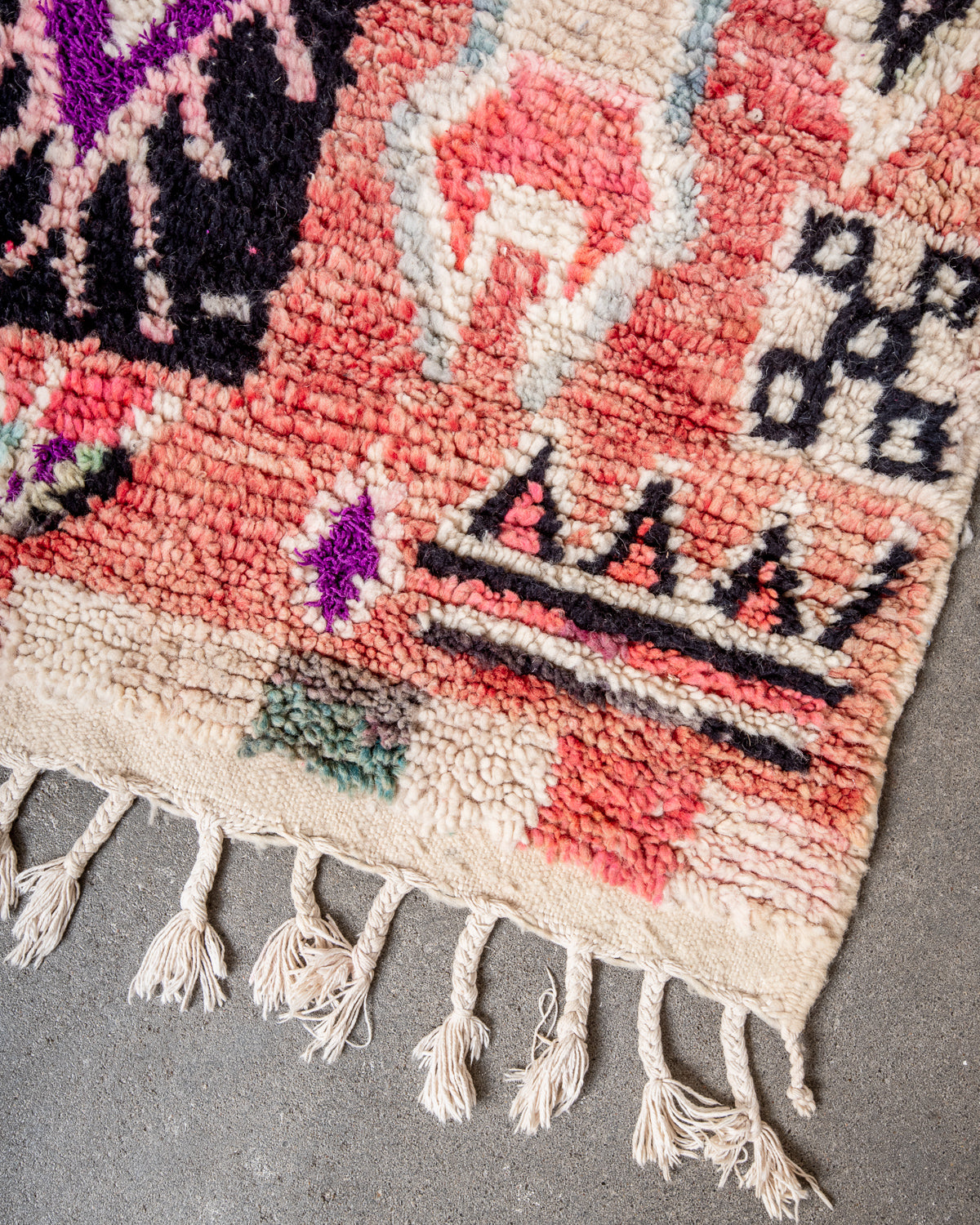 Modern, designer, handcrafted Berber rug from Morocco. Vintage carpet with beautiful colours and patterns and fluffy texture.